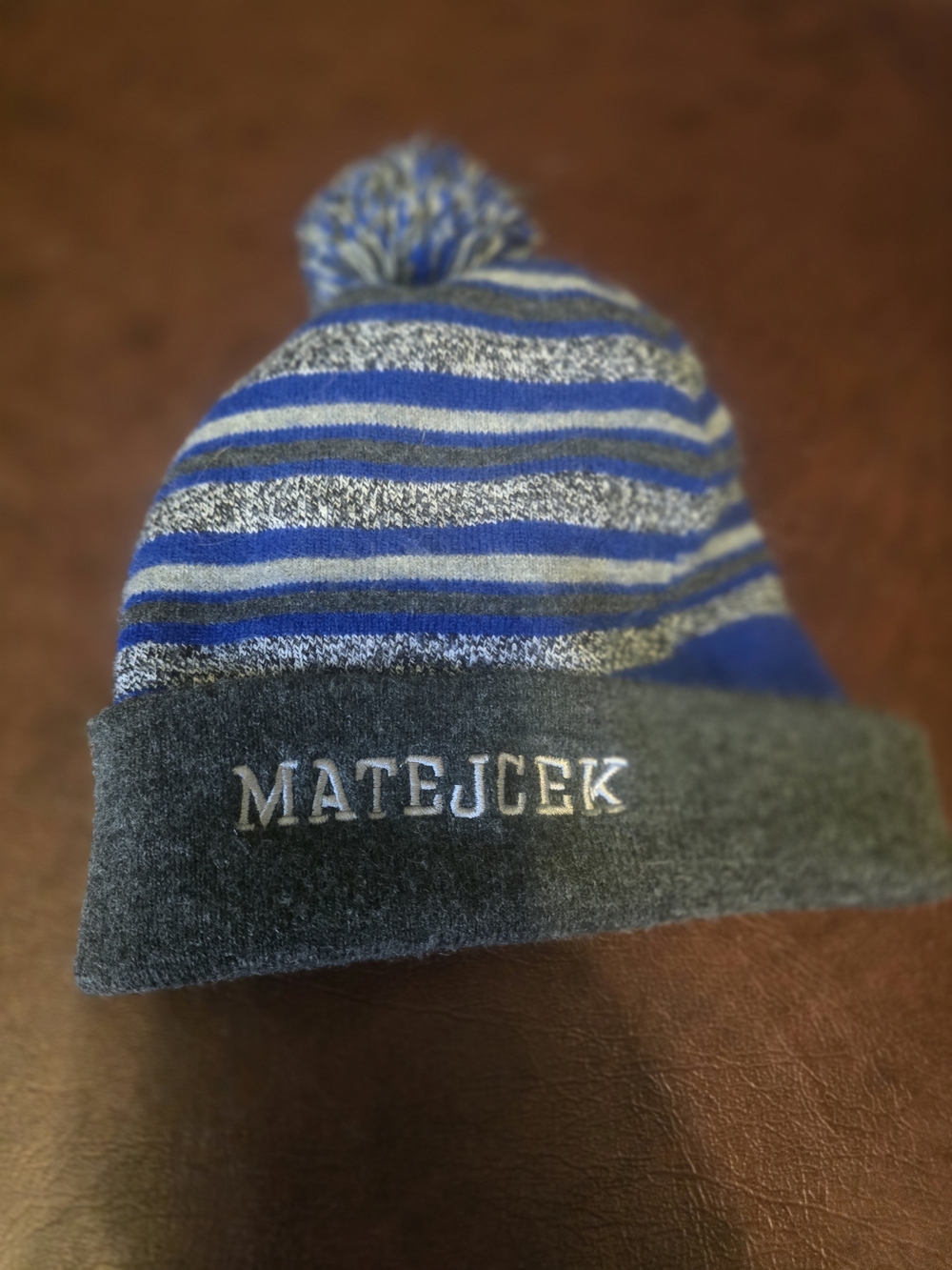 Matejcek Logo Pom-Pom Beanie in Blue and Gray